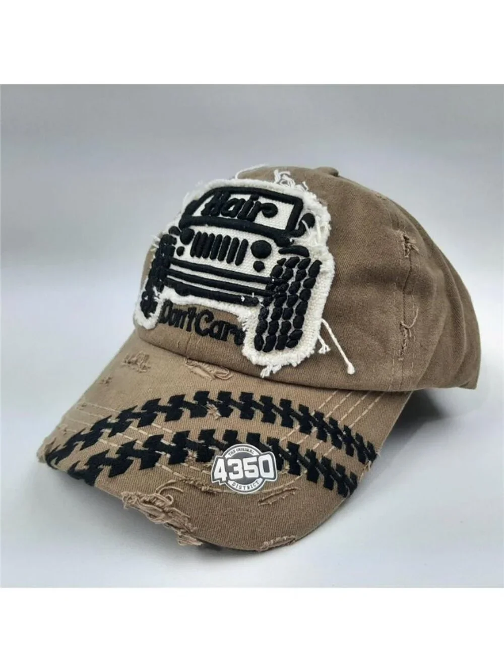 Retro Distressed 4x4 Off Road Patch Hat Hair Don't Care Khaki Dad Cap New